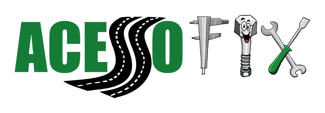 Logotipo anterior da Acessofix, com letras verdes, uma estrada e ferramentas ilustradas