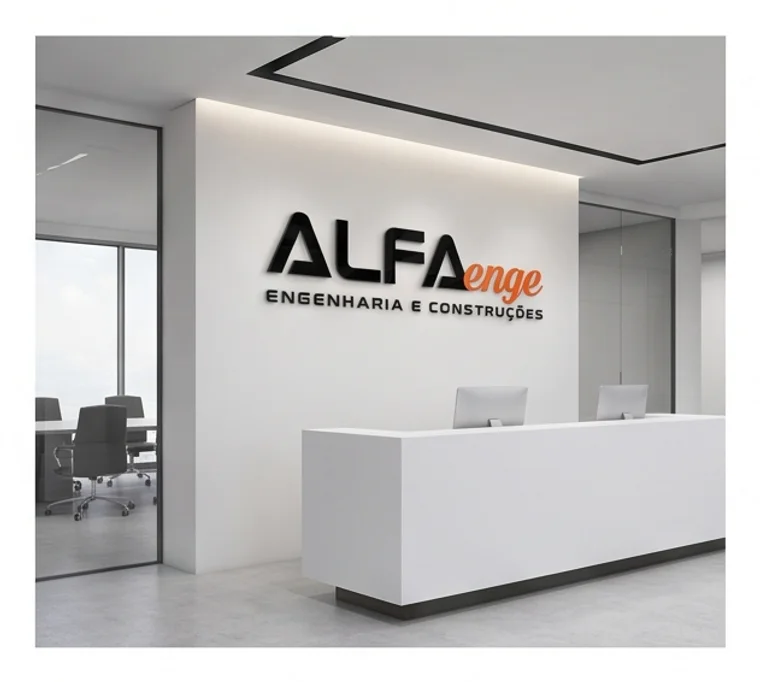 Parede da recepção da Alfaenge com a marca aplicada em relevo