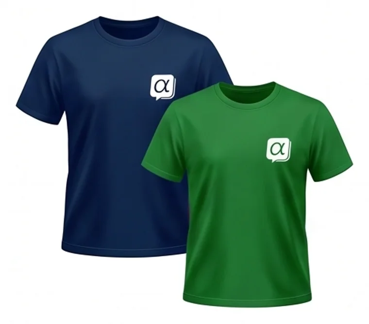Camisetas azul e verde com o símbolo da Alphabc