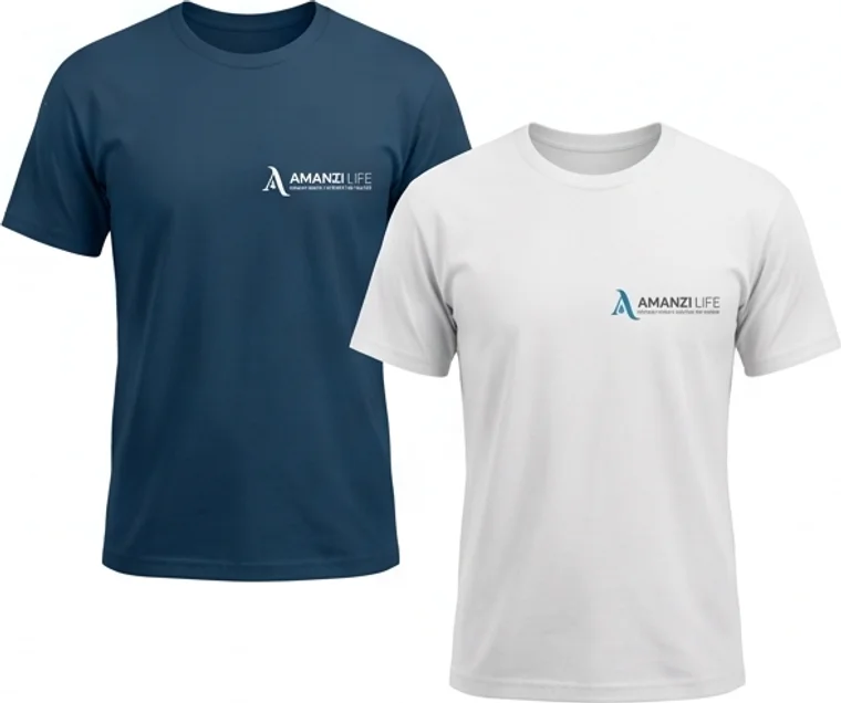 Camisetas azul e branca com a marca Amanzi Life