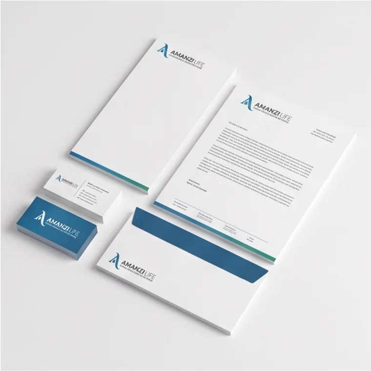 Papel timbrado, cartão e envelope da Amanzi Life