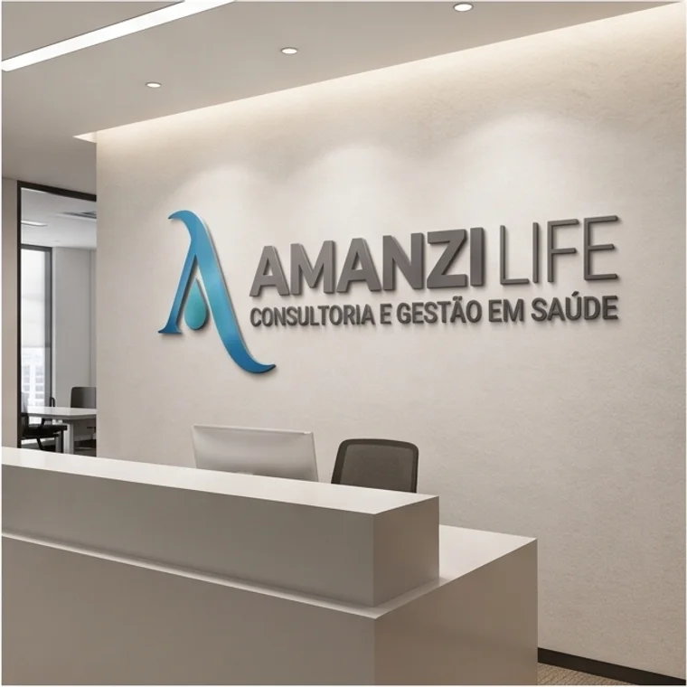 Parede da recepção da Amanzi Life com a marca em relevo
