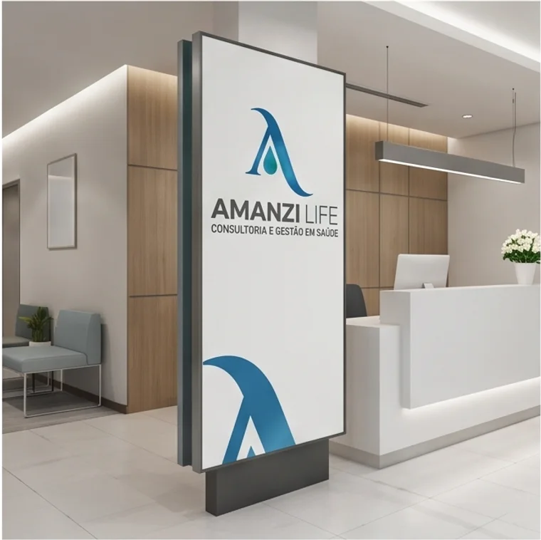 Totem de sinalização da Amanzi Life na recepção