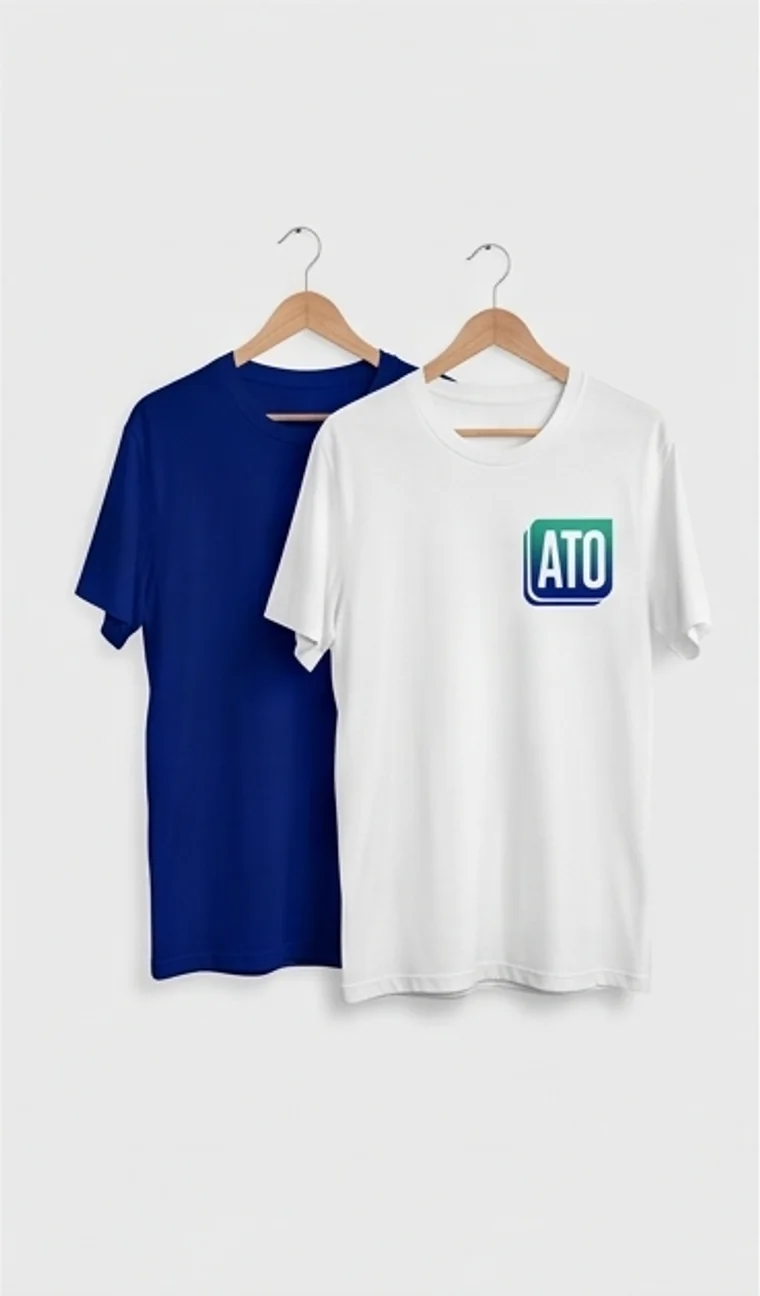 Camisetas azul e branca com o símbolo da ATO Engenharia