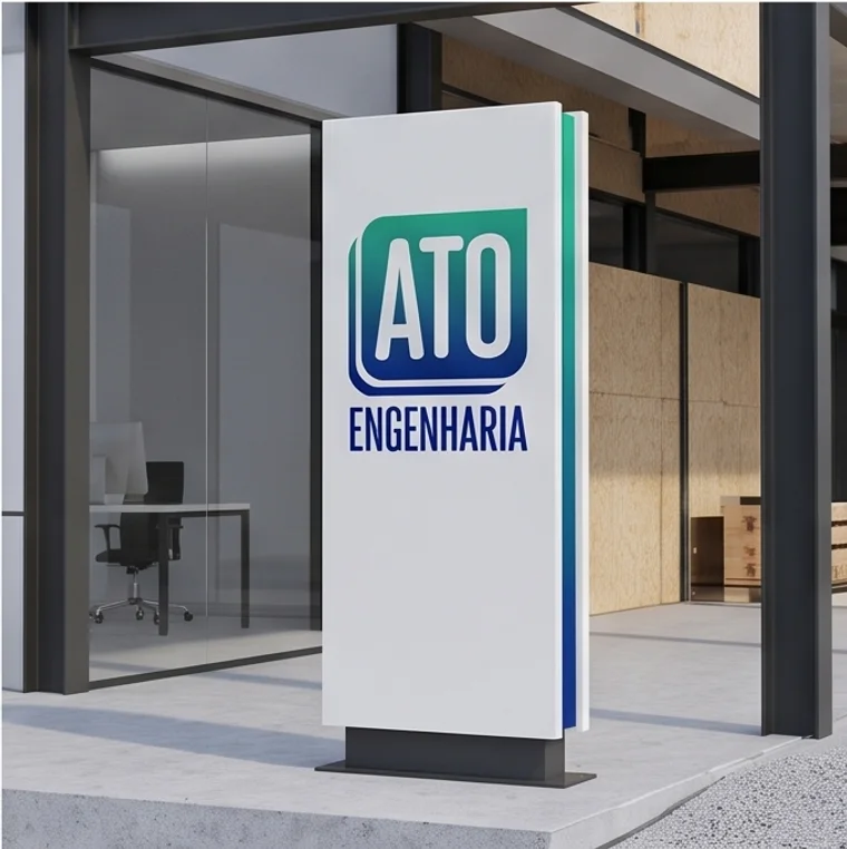 Totem de fachada da ATO Engenharia na entrada do escritório