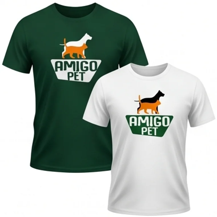 Camisetas verde e branca com a marca Amigo Pet