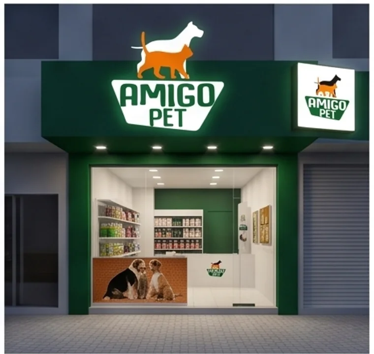 Fachada da Clínica Amigo Pet com a marca iluminada