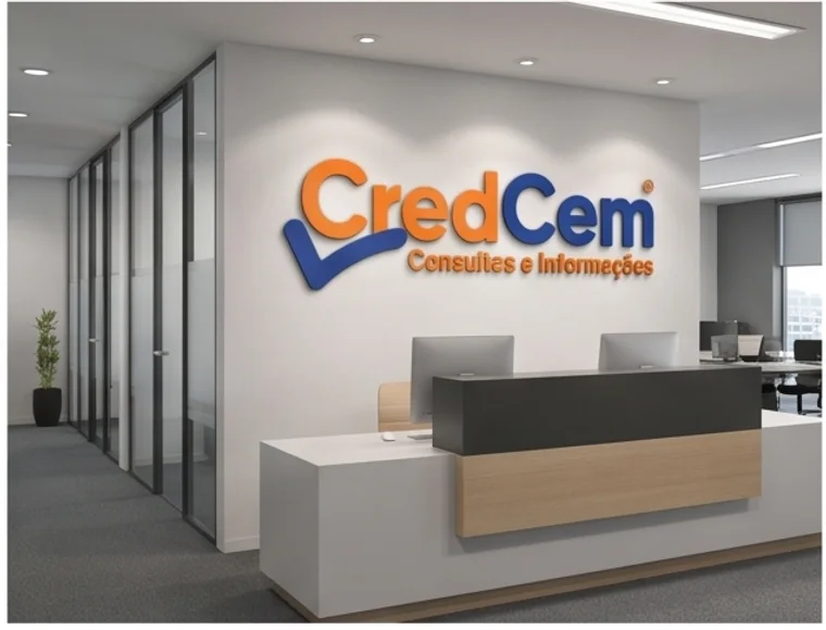 Parede da recepção da CredCem com a marca em relevo