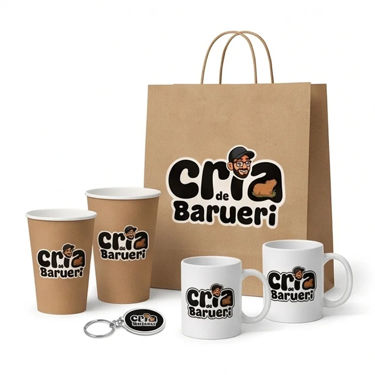 Brindes da Cria de Barueri — copos, sacola, caneca e chaveiro
