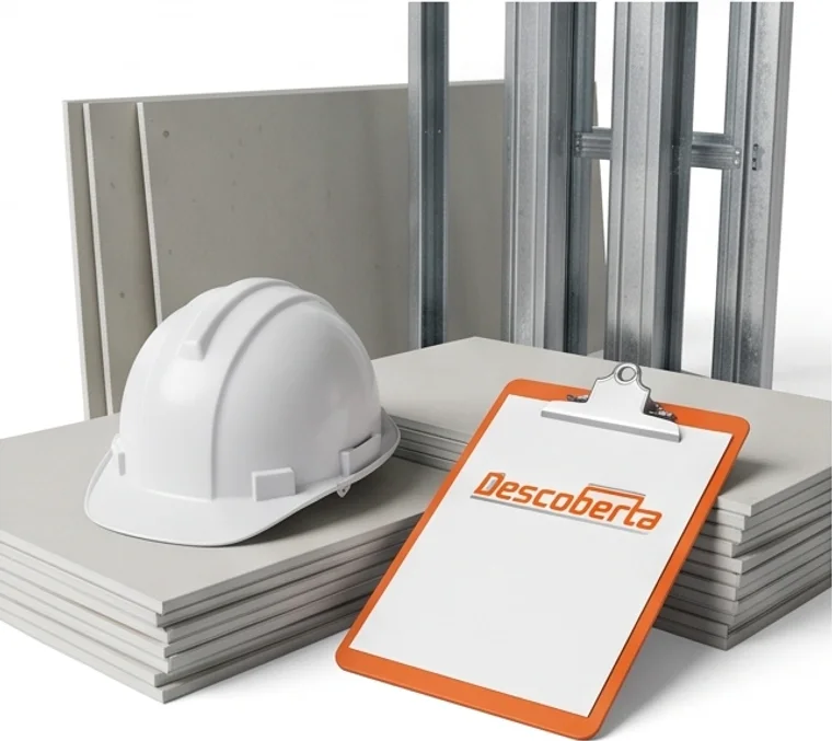 Capacete, prancheta e placas de drywall com a marca Descoberta