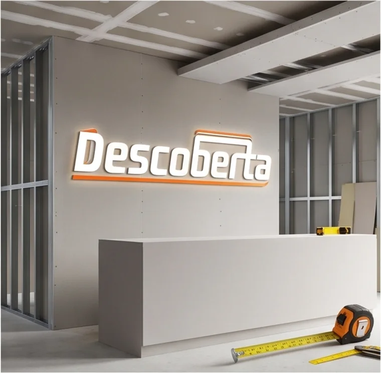 Parede da recepção da Descoberta com a marca iluminada