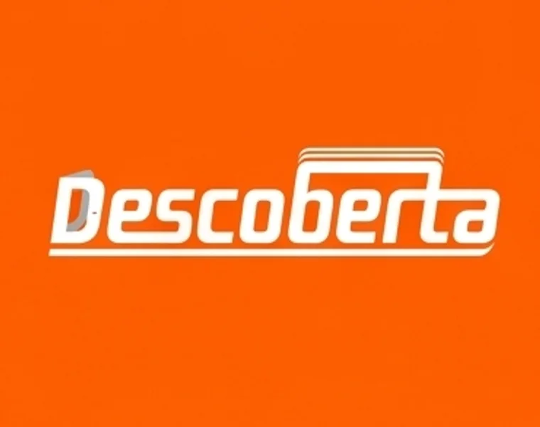 Logotipo da Descoberta em branco sobre laranja