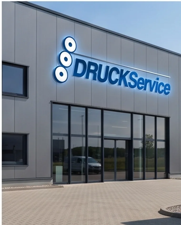 Fachada da DruckService com a marca iluminada