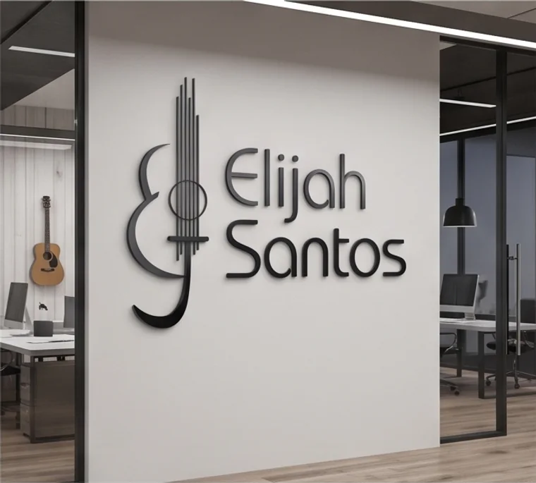 Parede do estúdio de Elijah Santos com a marca em relevo