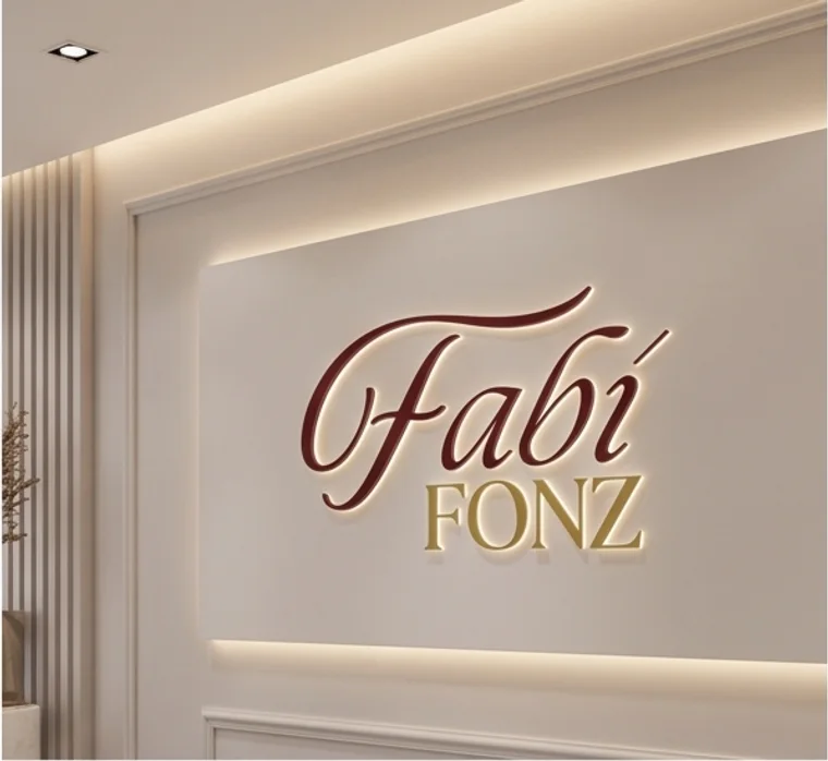 Parede da recepção da Fabí Fonz com a marca em relevo