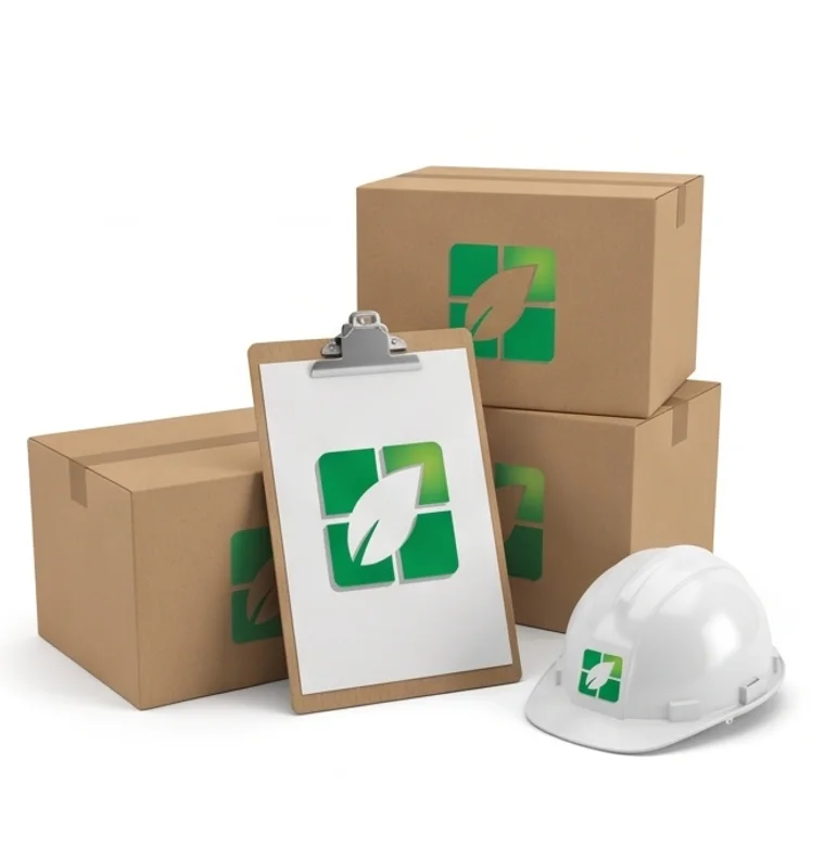 Caixas, prancheta e capacete com a marca Izaplac Green