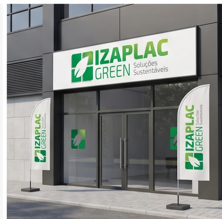 Fachada e wind banners com a marca Izaplac Green