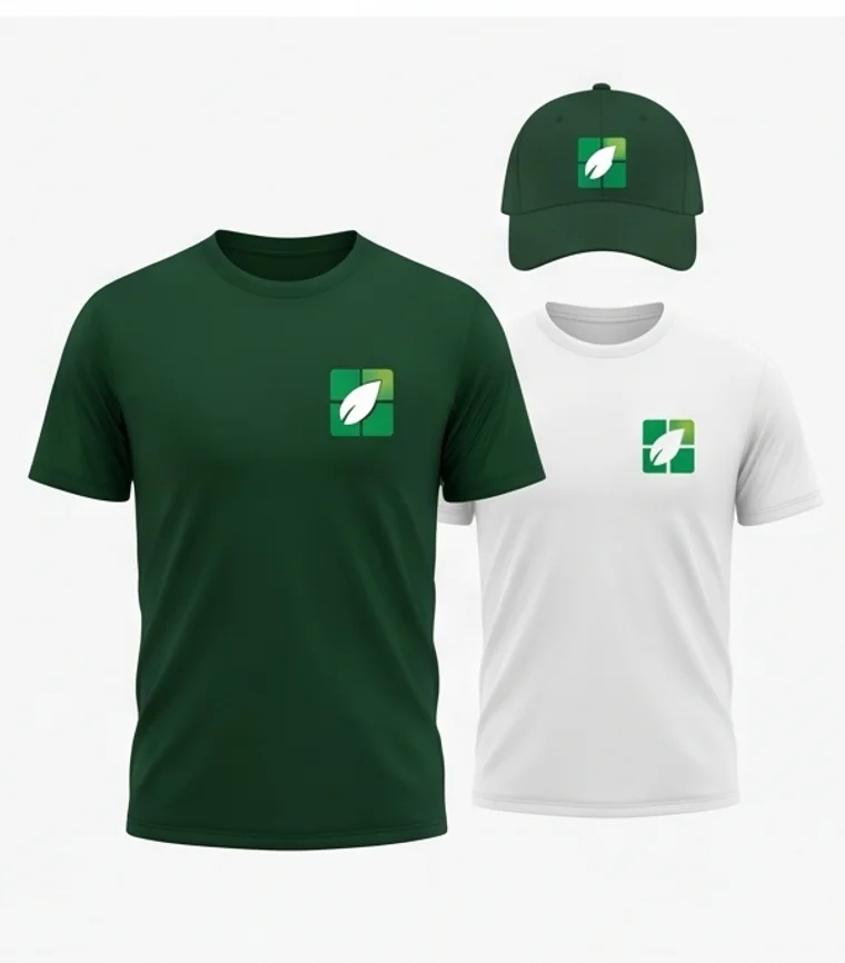 Camisetas e boné com a marca Izaplac Green
