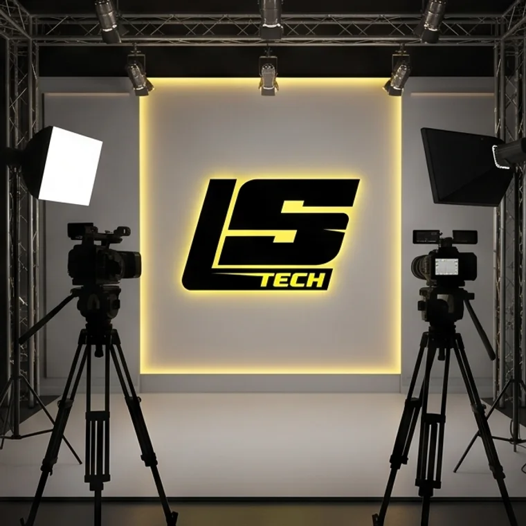 A marca da LS Tech no estúdio, entre câmeras e luzes
