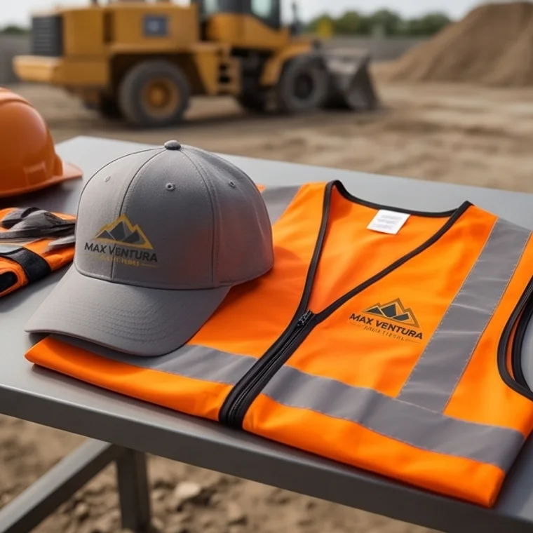 Uniforme da Max Ventura: boné e colete de segurança