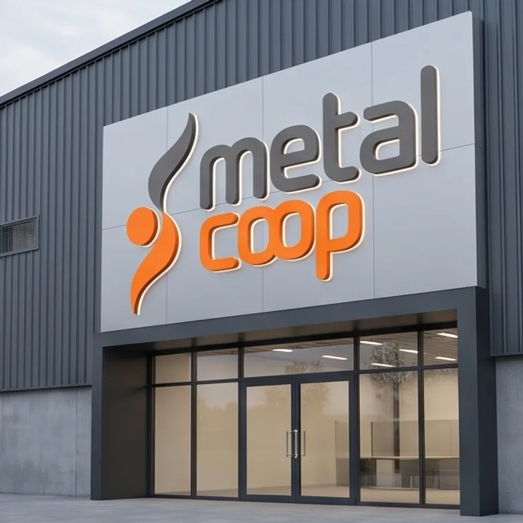 Fachada da Metalcoop com a marca aplicada no letreiro