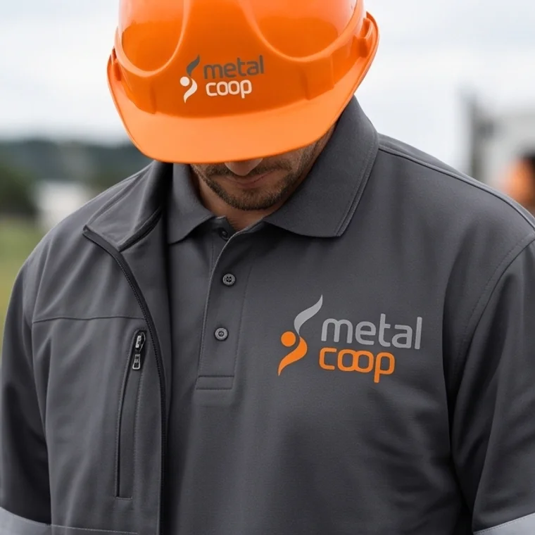 Uniforme da Metalcoop — camisa polo e capacete
