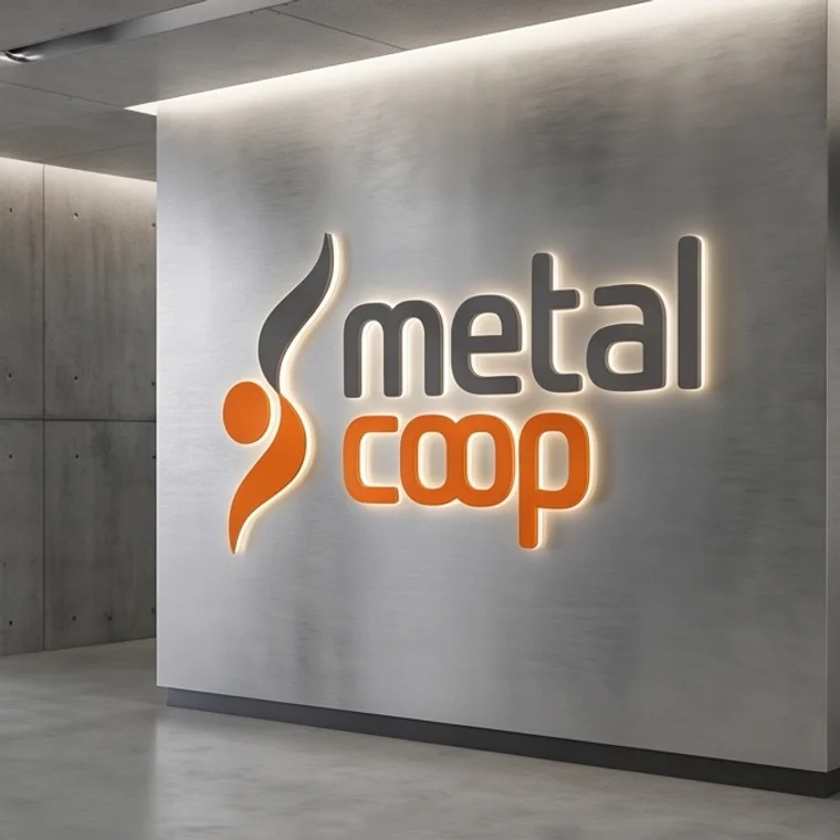 Logotipo da Metalcoop em relevo sobre parede de aço escovado