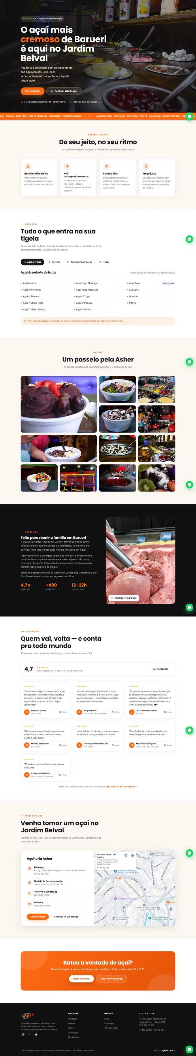 Site da Açaiteria Asher desenvolvido pela Agência Aba